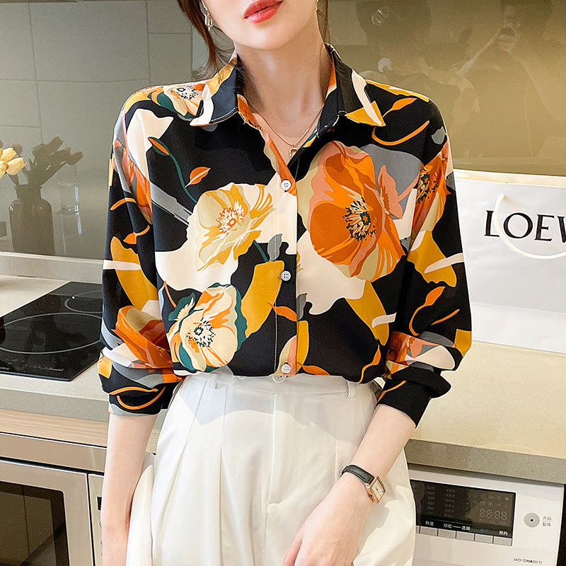 Spring Design Sense Retro French Temperament Printed Chiffon Long-sleeved Shirt For Women