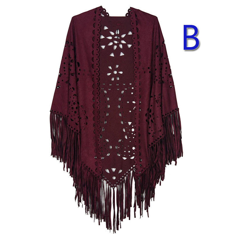 Stretch Suede Fringed Shawl Cape All-match