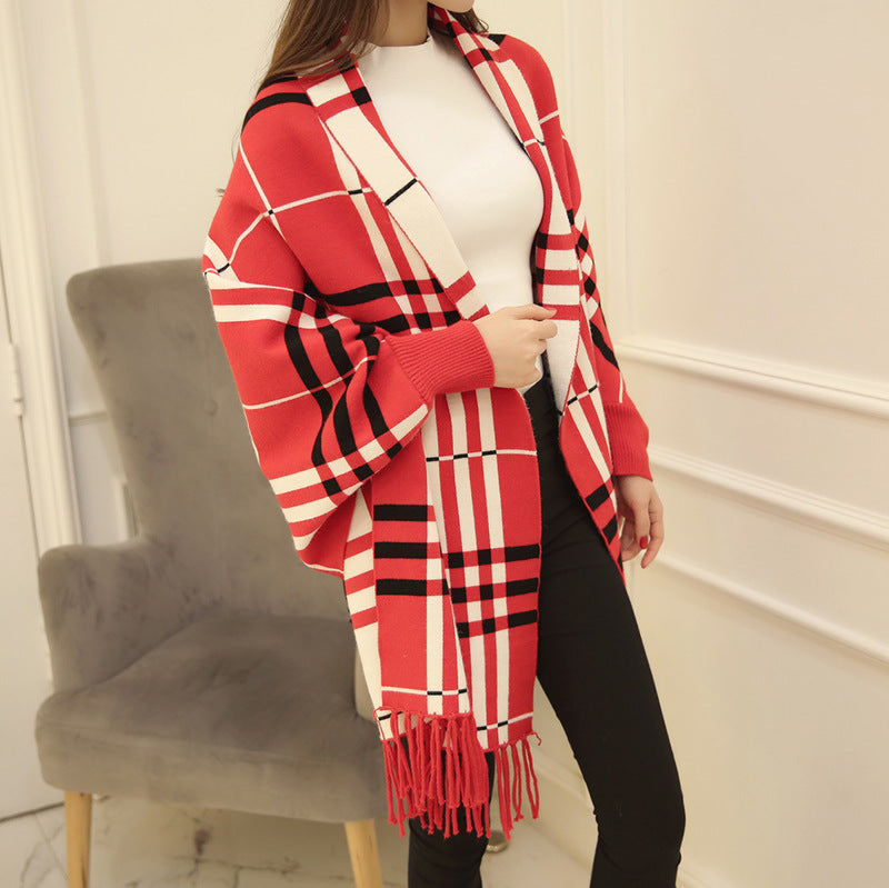 Women's Plaid Tassel Cape And Shawl Coat