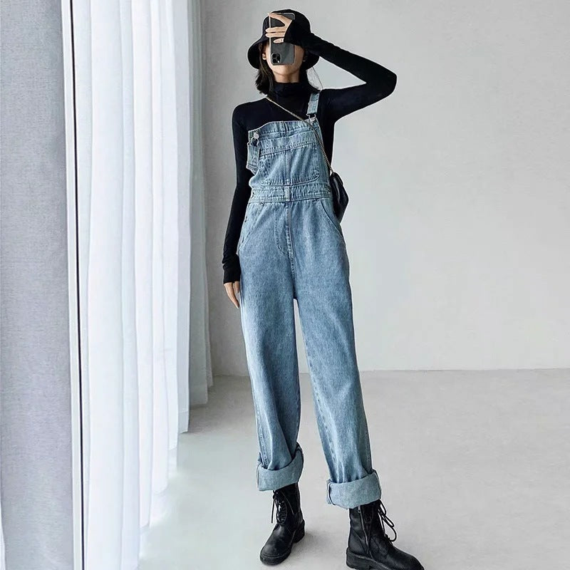 Loose Straight Retro Denim Suspender Pants