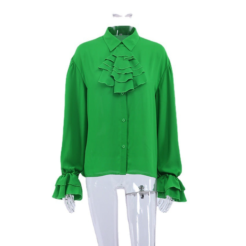 Shirt Chiffon Perspective Ruffle Top Slim Fit