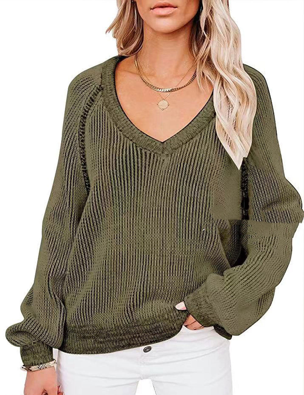 V-neck Pullover Women's Fashion Personality Long-sleeved Knitted Sweater