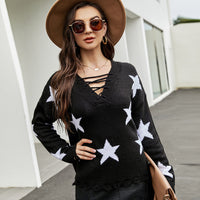 V-neck Knitted Sweater Five-star Jacquard Loose Pullover