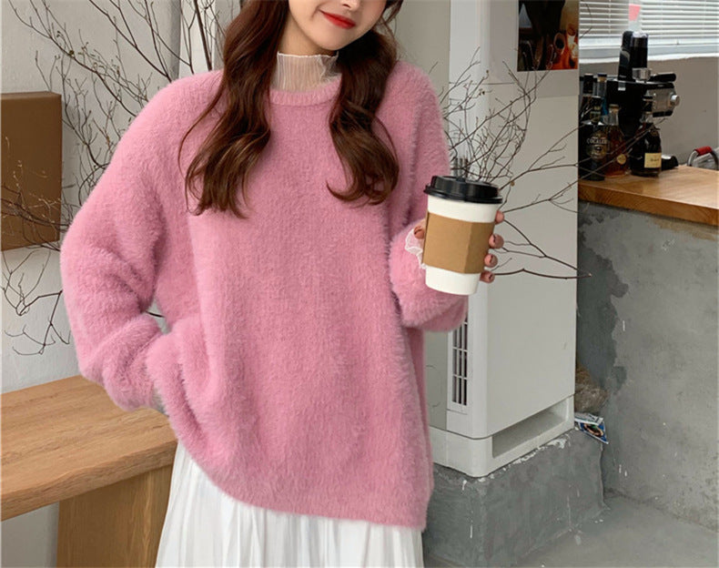 Soft Glutinous Autumn And Winter New Gentle Mink-like Wool Thickened Outer Wear Loose Long-sleeved Stitching Pullover Knitted Sweater For Women