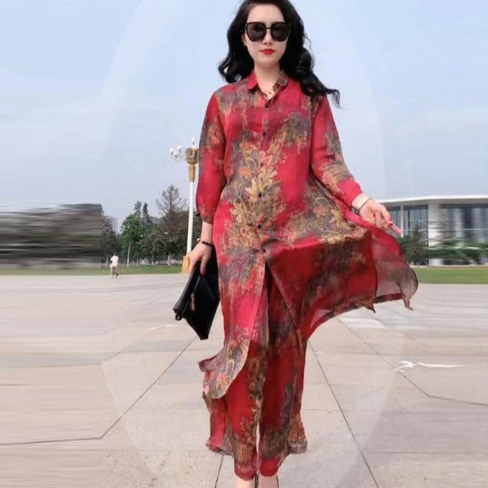 Cross-border New Arrival Artificial Silk Blended Dress Two-piece Loose Suit Printed Skirt