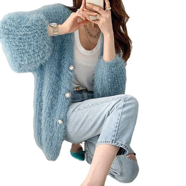 Mohair Single-breasted Pearl-button Cardigan Loose And Thick Sweater Coat