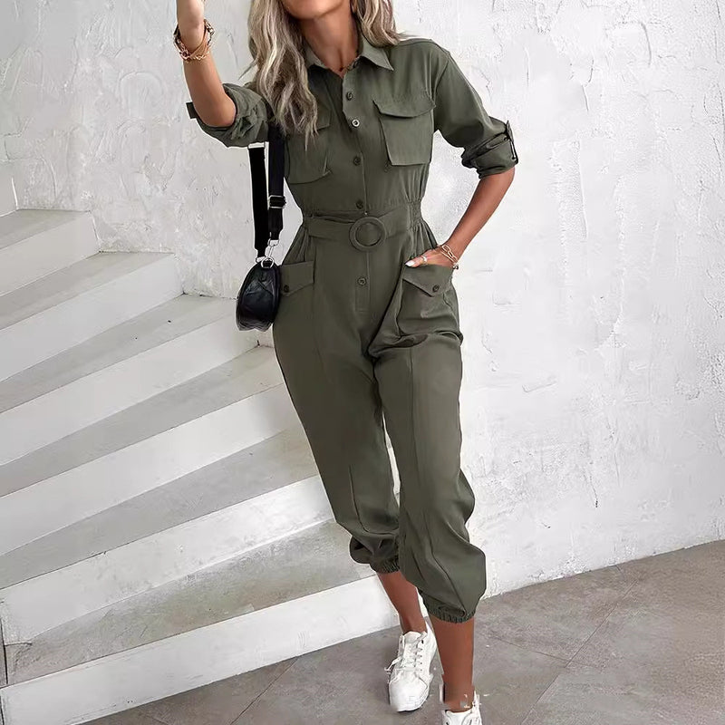 European And American New Women's Clothes Waist-tied Leisure Cargo Jumpsuit