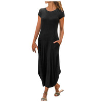 Pullover Short Sleeve Round Neck Mid Waist Solid Color Dress