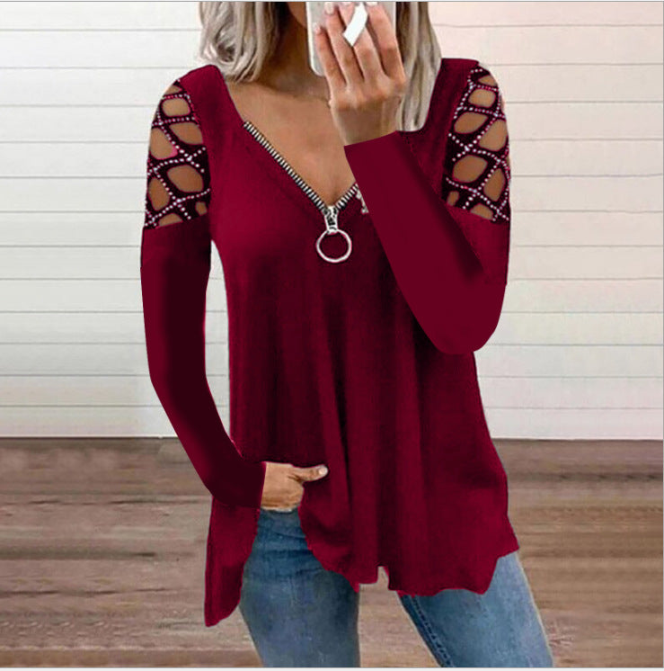 Women's V-neck Hollow-sleeve Rhinestone Casual Top