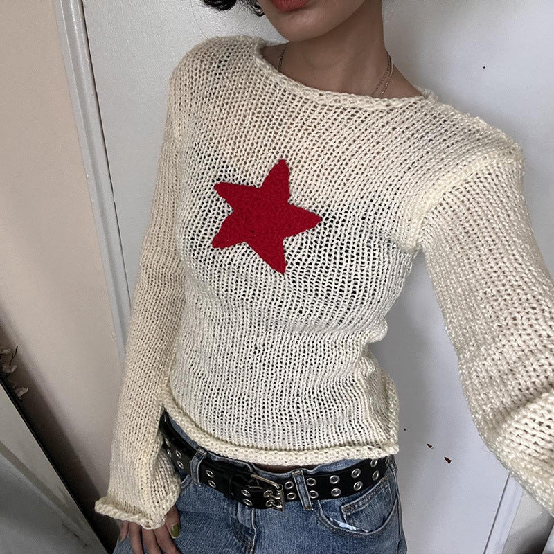 Five Pointed Star Short Curled Fashion Slight Raglan Long Sleeve Sweater T-shirt