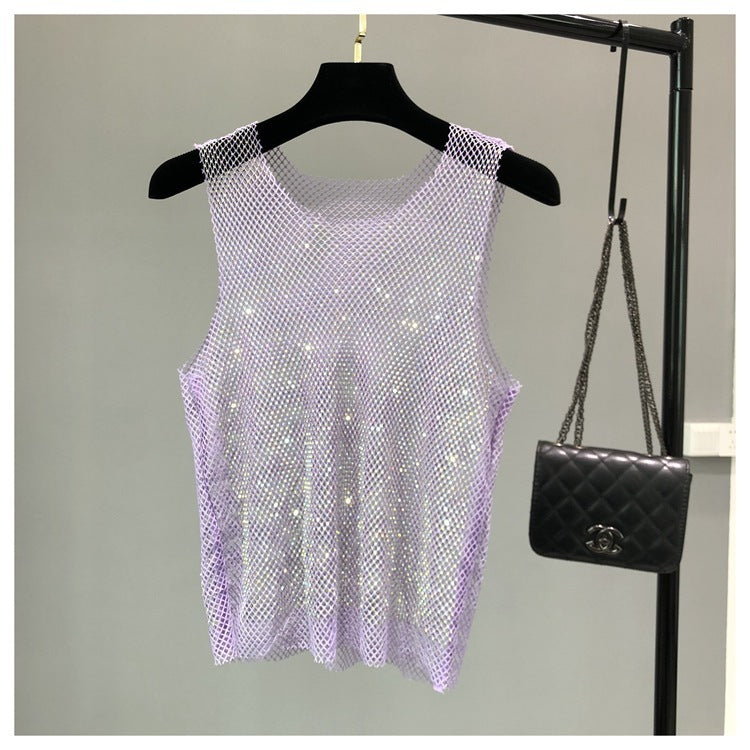 Rhinestone Mesh Waistcoat Women's Light Diamond Hollow Sleeveless Top