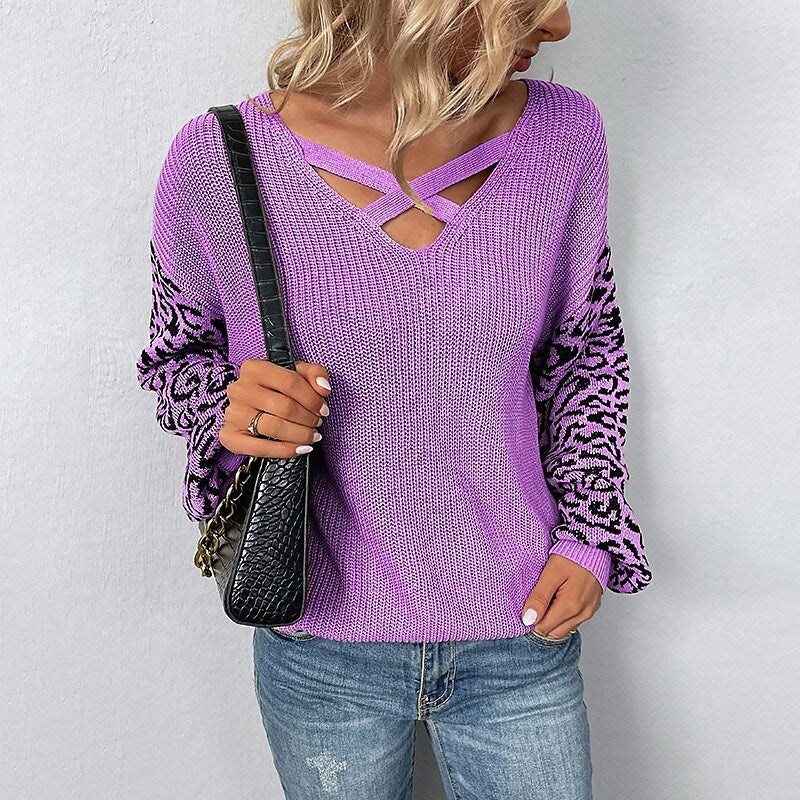 Lace Up Splice Leopard Pullover Sweater Women