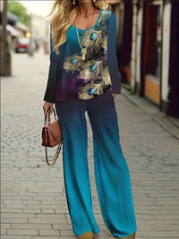 Temperament Printed Round Neck Ankle Banded Pants Two-piece Set