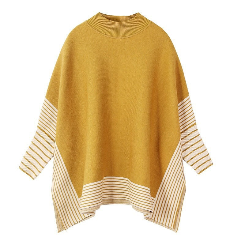 Striped Contrast Color Shawl Women's Long-sleeved Sweater