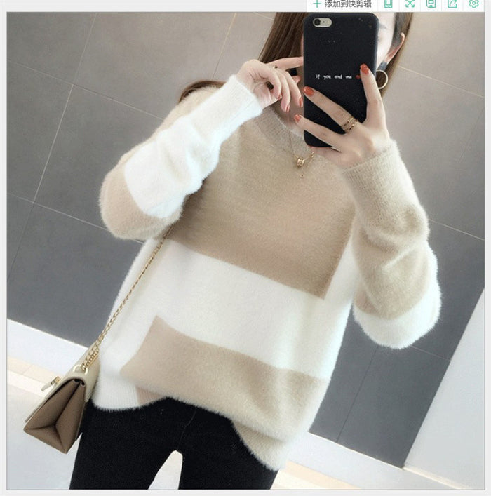 Casual Loose Pullover Long Sleeve Top Mink Wool Sweater