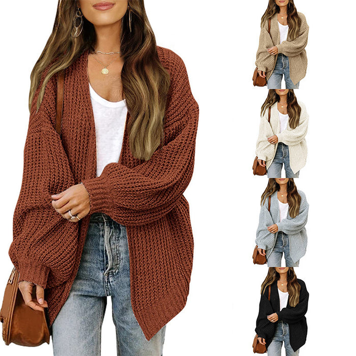 Lantern Sleeve Sweater Women's Coat Coarse Yarn Pocket Knitted Cardigan