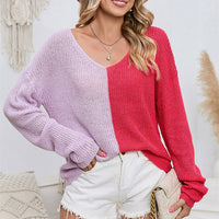 New Color Matching V-neck Pullover Sweater Knitted Long-sleeved Top