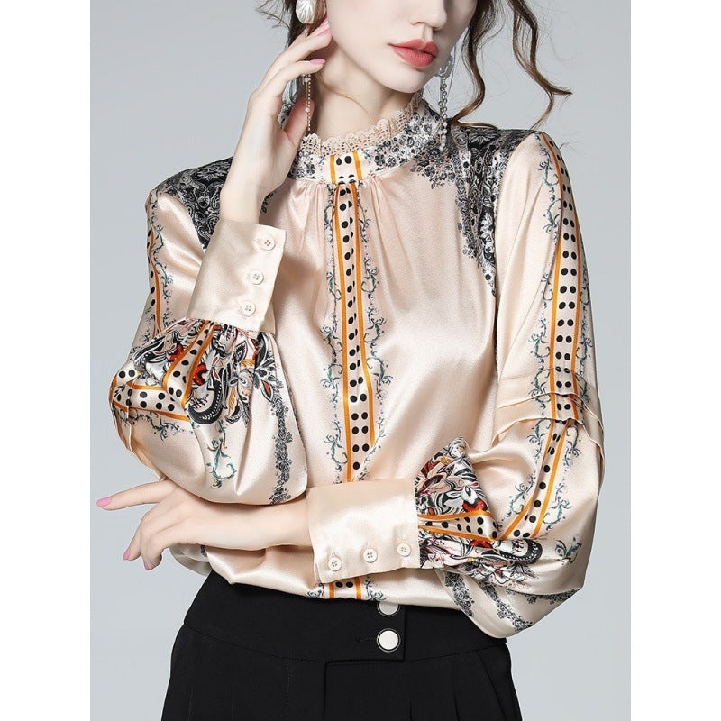 French Socialite Silk Printing Faux Silk Shirt