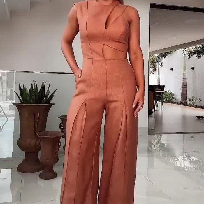 Fashion Round-neck High Waist Solid Color Hollow Out Wide Leg Jumpsuit