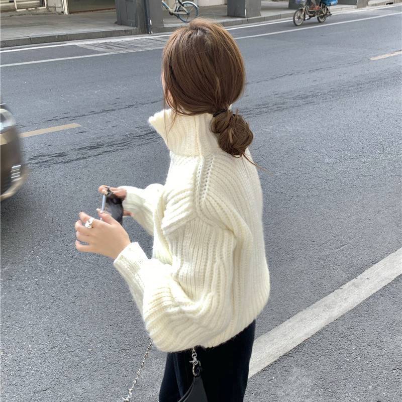 Versatile Stand Collar White Chunky Knit Jacket