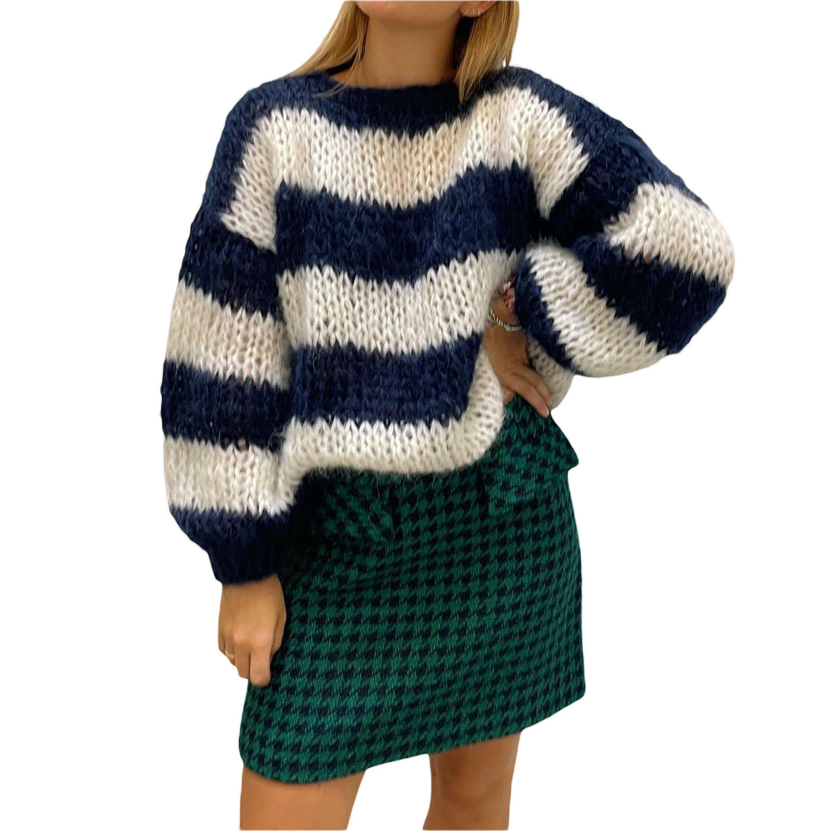 Round Neck Loose Blue And White Striped Sweater