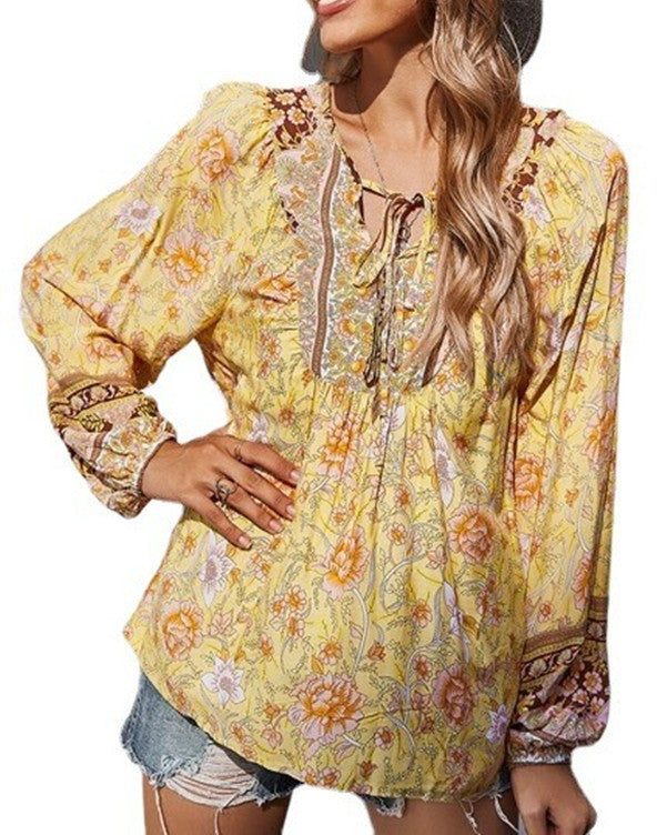 Women's V-neck Printed Casual Loose Thin Women's T-shirt