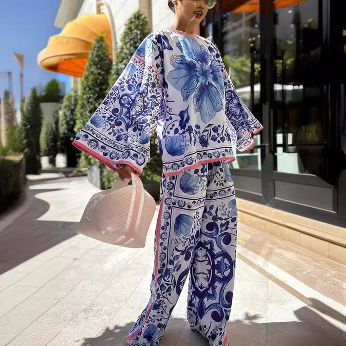 Suit Female Blue And White Porcelain Printed Top And Trousers