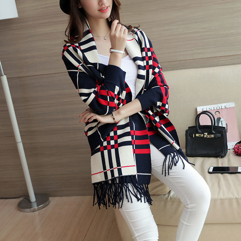 Women's Plaid Tassel Cape And Shawl Coat