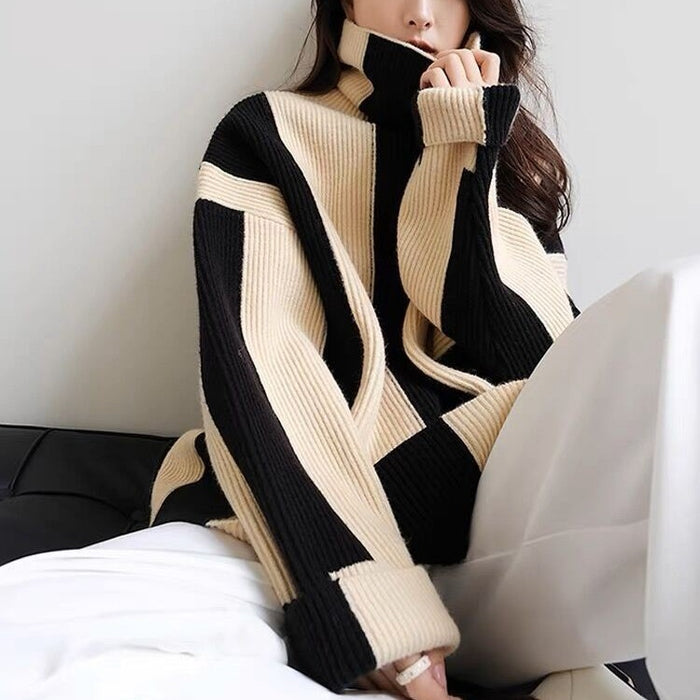 High Collar Sweater Black And White Stripe Soft Waxy Girl