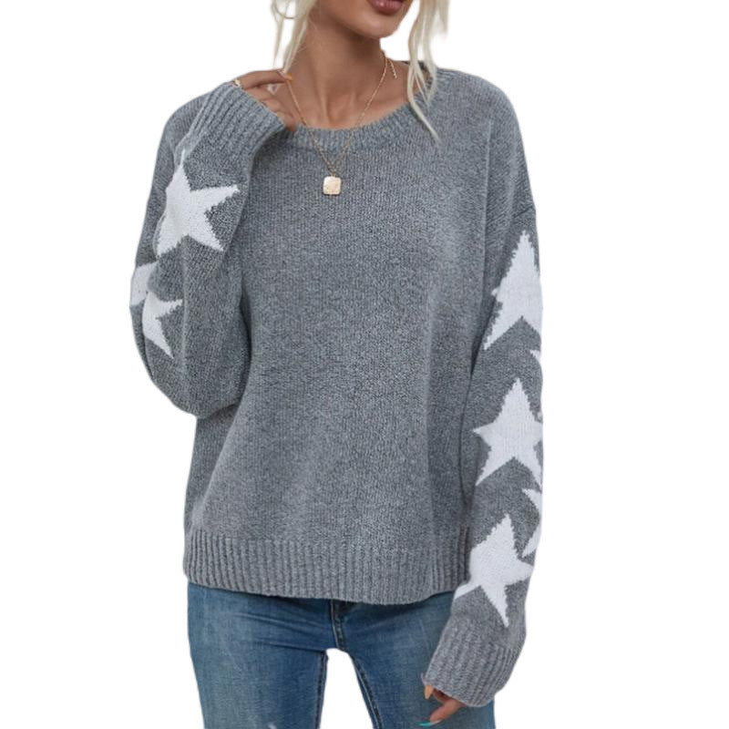 Women's Knitted Sweater Fashion Solid Color Five-pointed Star Jacquard Crew Neck Pullover Sweater