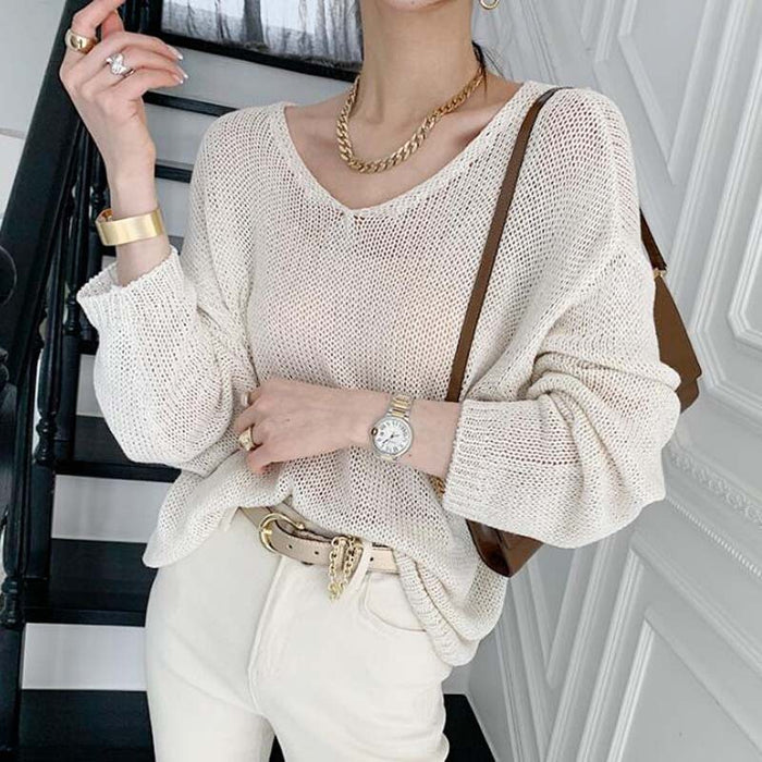 Hollow Ice Silk Lazy Style V-neck Thin Sweater