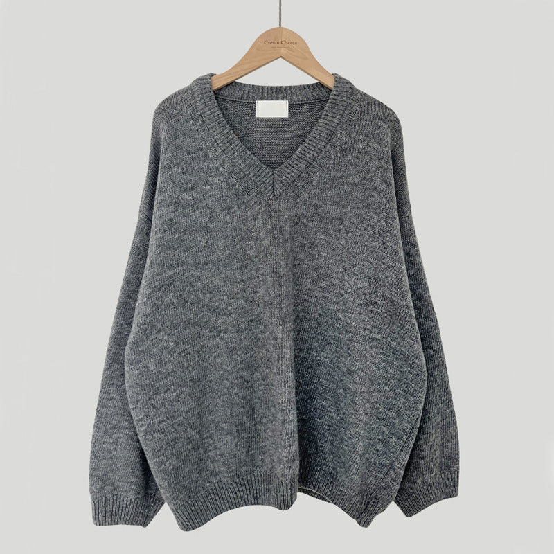 All-matching Solid Color V-neck Pullover Sweater Lazy