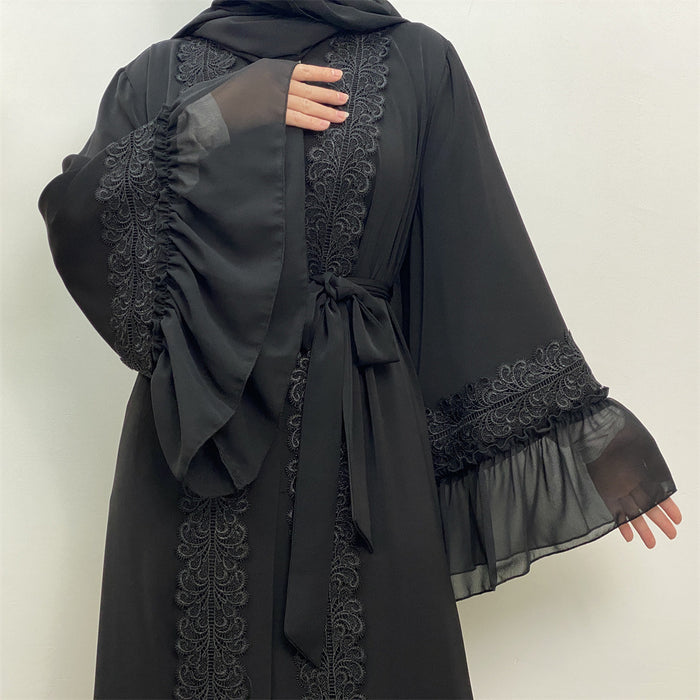 Black Flower Embroidered Lace Up Muslim Cardigan Robe