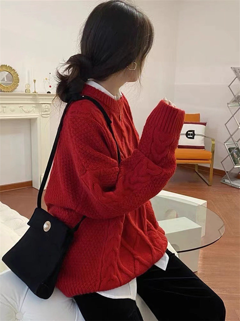 Wind Pullover Loose Round Neck Thick Hemp Flowers Knitted Outerwear Thickened Red Christmas Sweater For Women