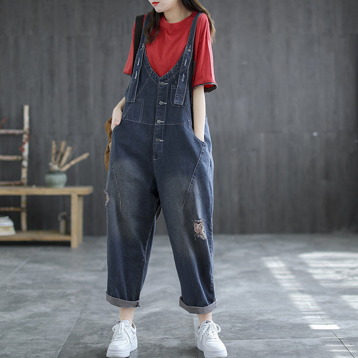 Loose-looking Thin Summer Jeans With Ripped Suspenders