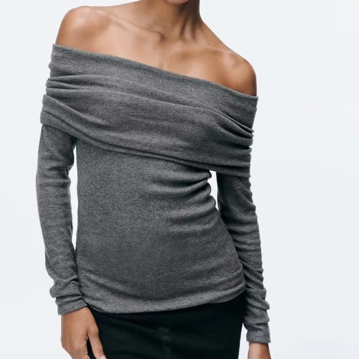 Slim-fit Cuffed Off-shoulder Long Sleeve Sweater