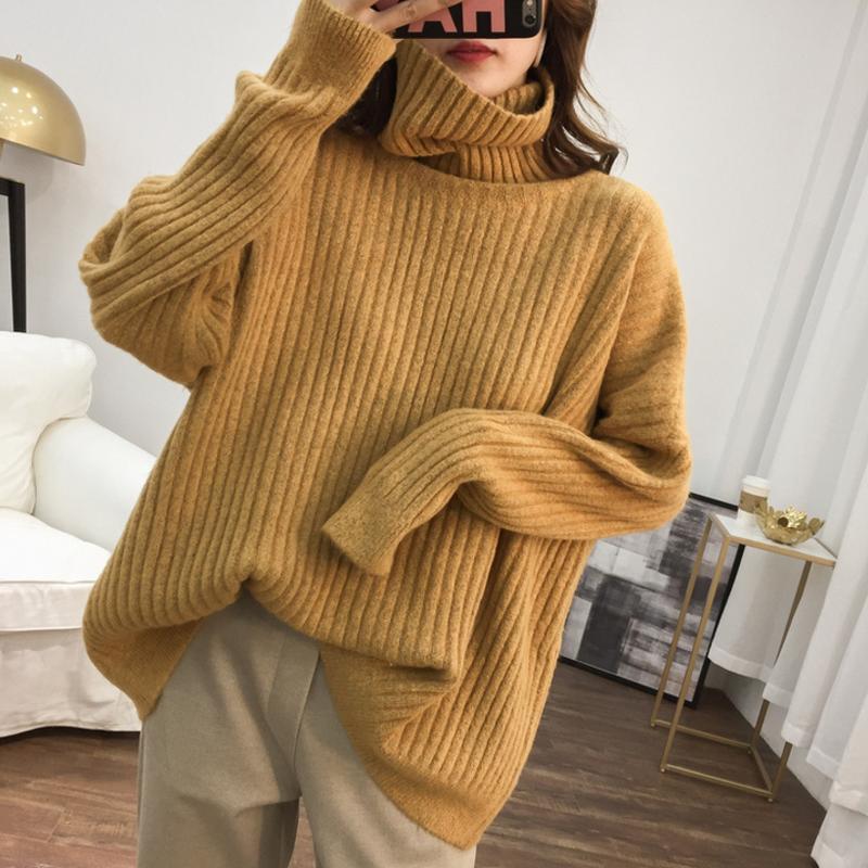 Women's Long Sleeve Loose Turtleneck Knitted Sweater