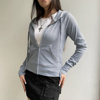 Gray Hooded Sweater Women's Short Solid Color Cardigan Zipper Coat