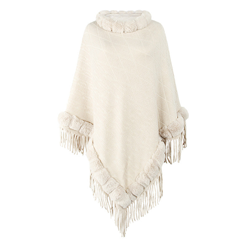 Pure Color Knitted Cape Shawl With Fur Collar