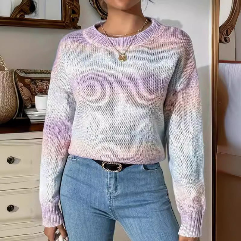 Stitching Contrast Color Knitted Sweater Fashion Pullover Round Neck Gradient Rainbow Striped Top