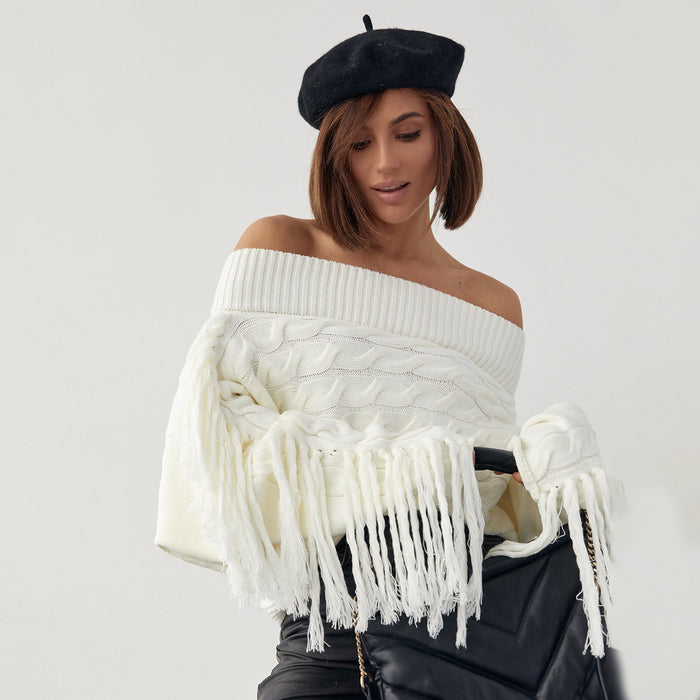 Pure Color Elegant Style Woolen Tassel Design Sweater Autumn And Winter