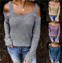 Women's Sling Off Shoulder Knit Solid Color Casual Long Sleeve Sweater