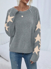 Women's Knitted Sweater Fashion Solid Color Five-pointed Star Jacquard Crew Neck Pullover Sweater