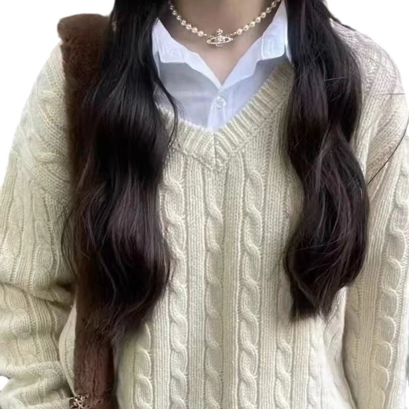 Same Style Autumn And Winter American Twist Pullover V-neck Sweater Women's Preppy Style Loose Sweater Top