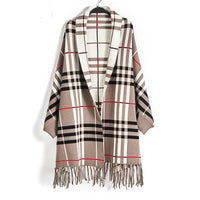 Plaid Mid-length Cardigan Women's Knitted Tassel Shawl Coat Women