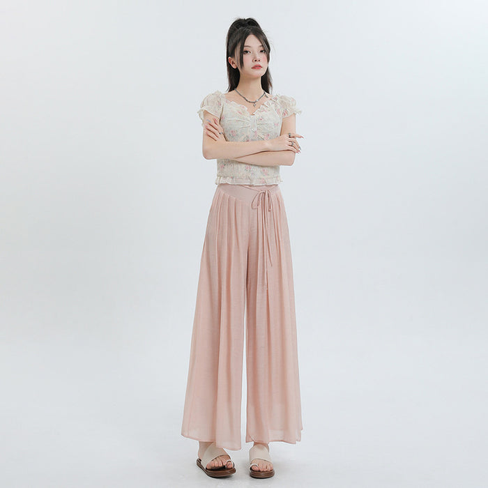 Summer Thin Design High Waist With Straps Slimming And Straight Drape Cropped Wide-leg Pants Skirt