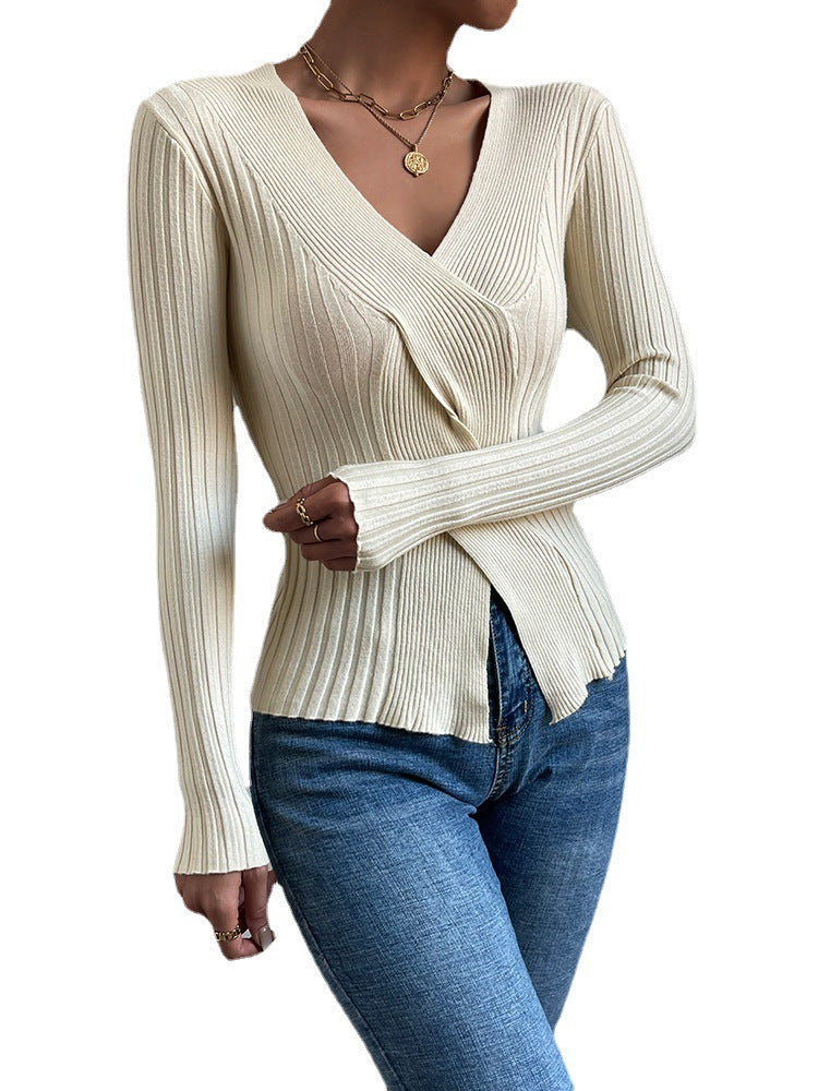 V Neck Cross Knot Long Sleeve Top