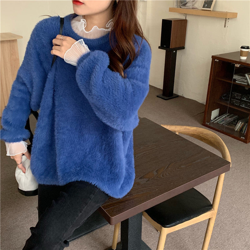 Soft Glutinous Autumn And Winter New Gentle Mink-like Wool Thickened Outer Wear Loose Long-sleeved Stitching Pullover Knitted Sweater For Women