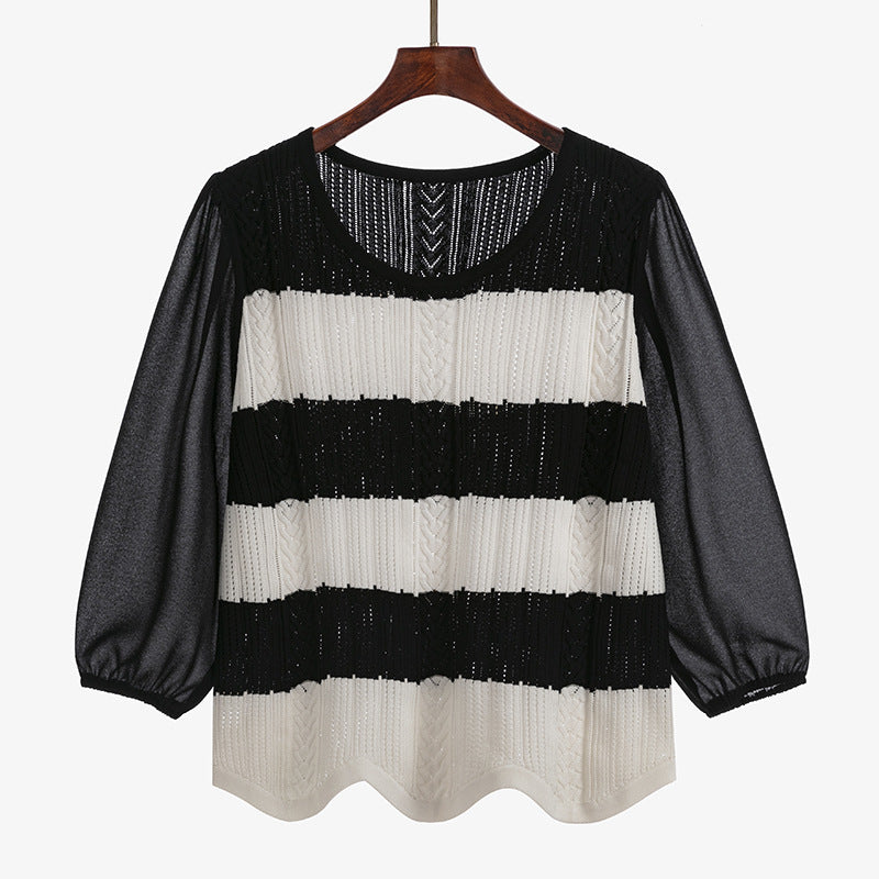 Round Neck Sweet Stitching Long Sleeve Loose Striped Sweater