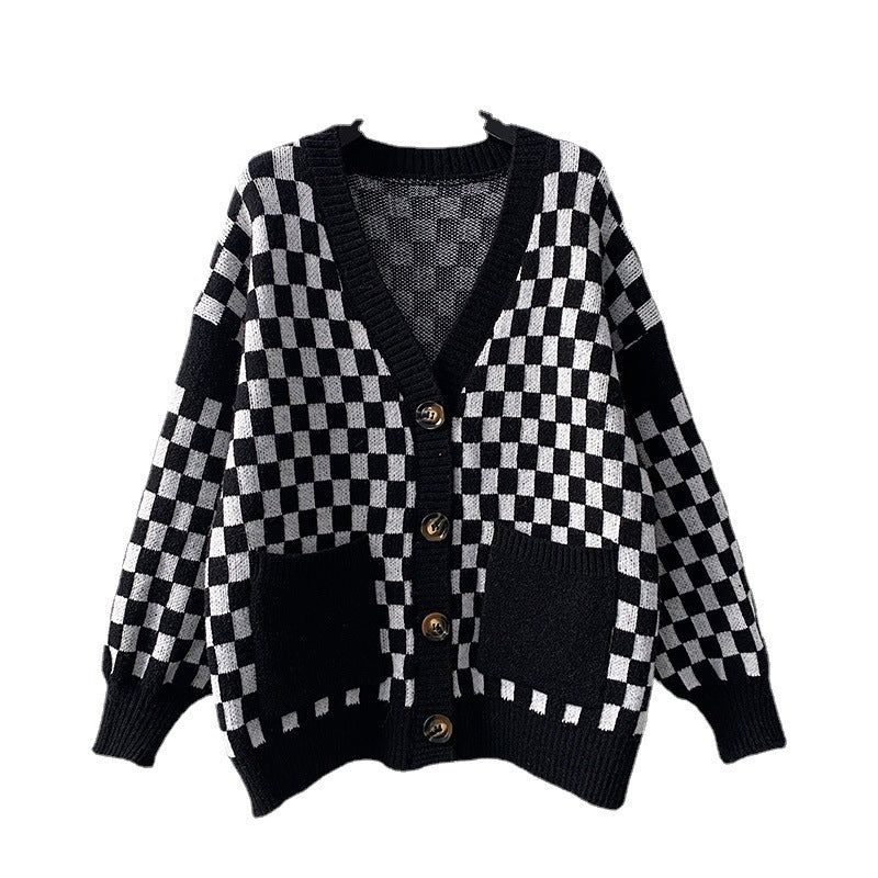 Chessboard Plaid Sweater Knitted Cardigan New Japanese Lazy Style Loose Top Coat